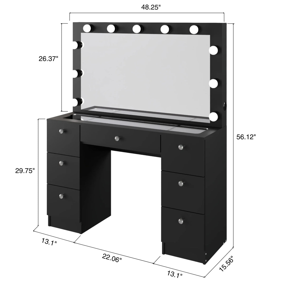 Ember Interiors Ibbie White Makeup Vanity with Glass Top, Lights, Charging Station