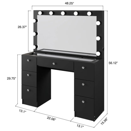 Ember Interiors Ibbie White Makeup Vanity with Glass Top, Lights, Charging Station