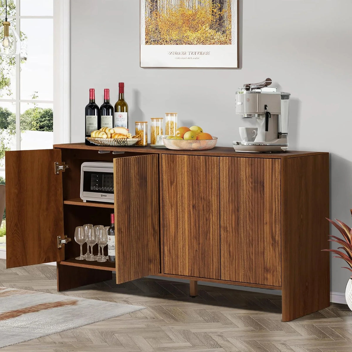 Wirrytor Sideboard Storage Cabinet with Doors and Shelves, Buffet Cabinet with Storage, Credenza Storage Cabinet for Kitchen, Wooden Fluted Cabinet, Under TV Cabinet with Storage - Black