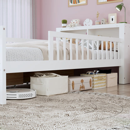Euroco Wood Twin Size Platform Bed with Storage Headboard and Drawers, Low Profile Bed with Guardrails for Kids and Toddlers, White