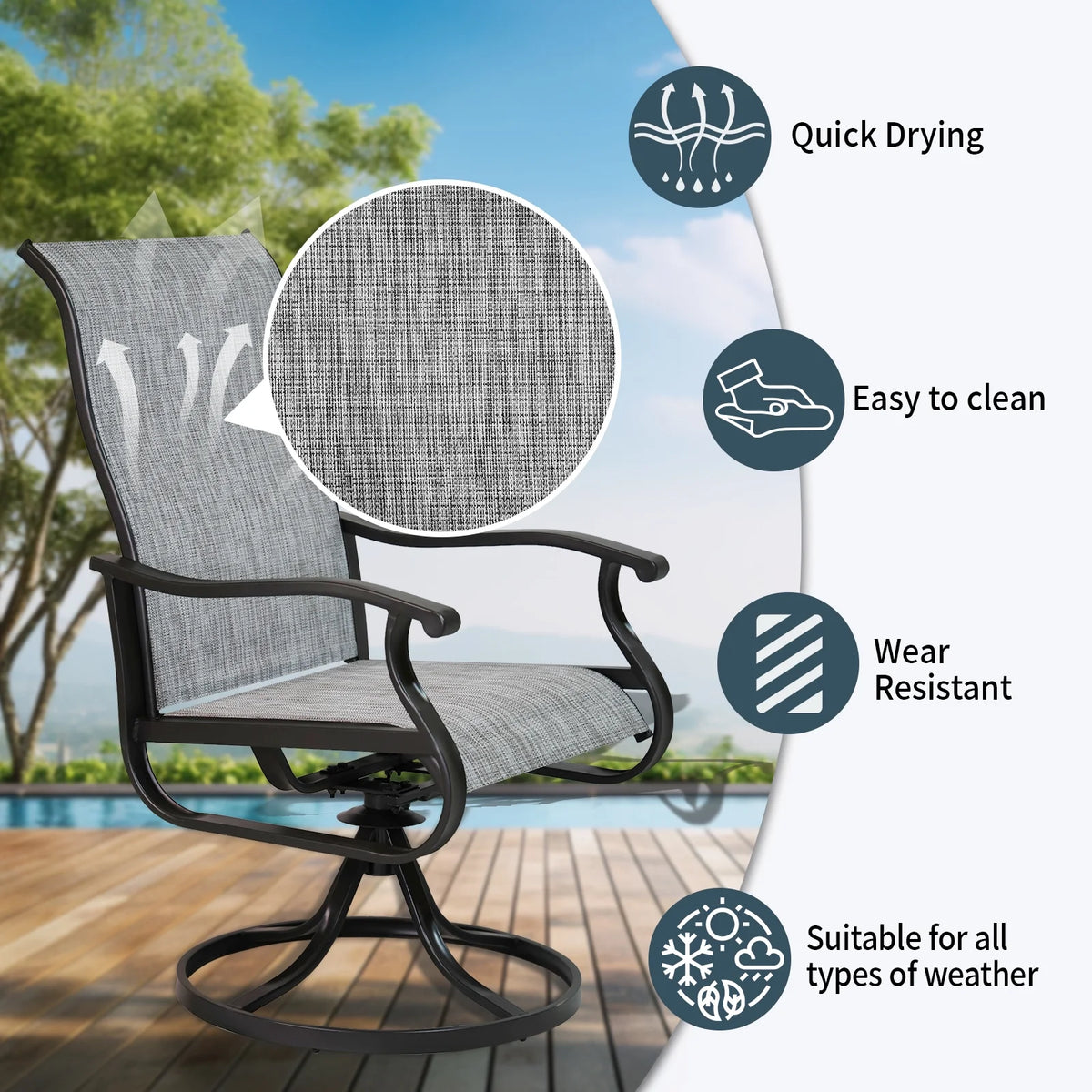 Patio Swivel Chairs Set of 2, Outdoor High Back Rocker Dining Chairs with All-Weather Textilene Mesh and Metal Frame, Comfortable Swivel Chairs for Patio, Garden, Deck, and Backyard (Beige)