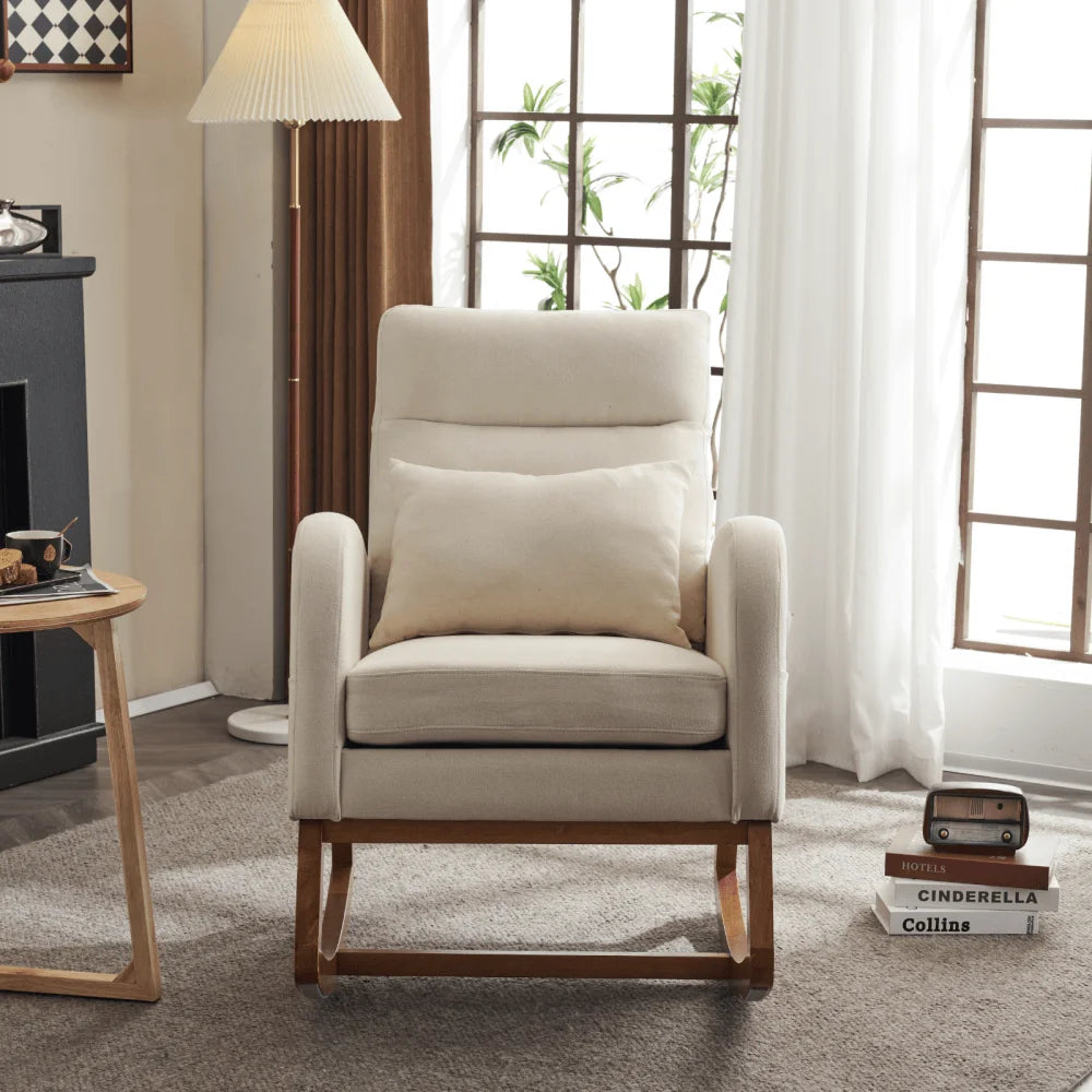 Hassch Upholstered Rocking Chair, Linen Fabric Glider Rocker with High Back, Accent Chair with Solid Wood Base, Reading Chair with Side Pocket for Living Room Bedroom Balcony, Gray