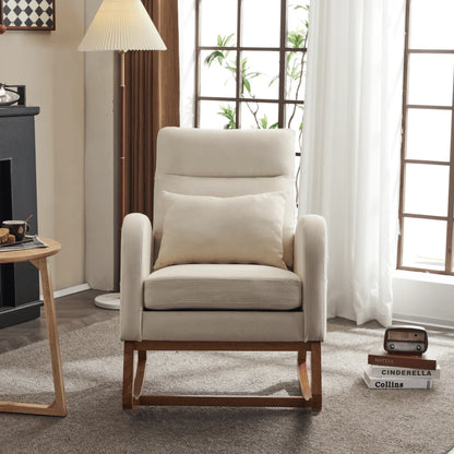 Hassch Upholstered Rocking Chair, Linen Fabric Glider Rocker with High Back, Accent Chair with Solid Wood Base, Reading Chair with Side Pocket for Living Room Bedroom Balcony, Gray
