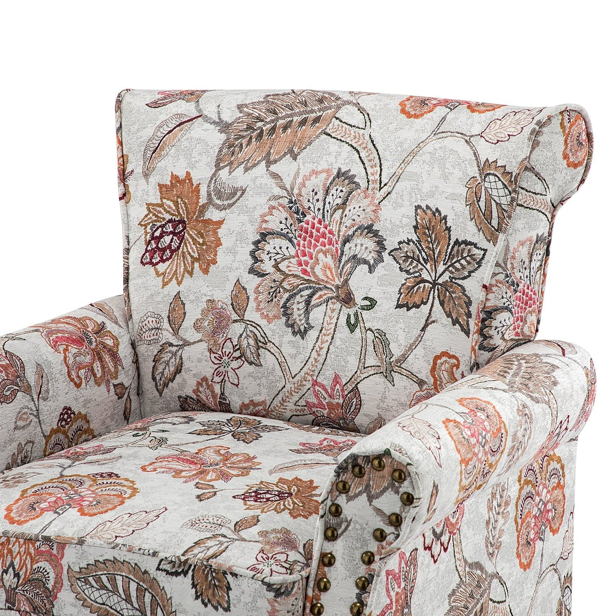 14 Karat Home Wingback Accent Chair Removable Cushion Floral Upholstered Sofa Armchair Couch Wood Legs Nailhead Trim Pink