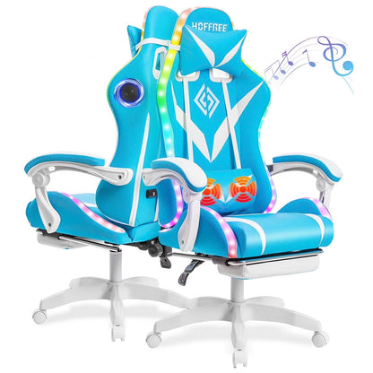 Hoffree Gaming Chair with Speakers PU Leather Office Chair with Footrest and LED Lights Ergonomic Gamer Chair with Massage Lumbar Support and Headrest Adjustable Swivel for Home Office 300lb