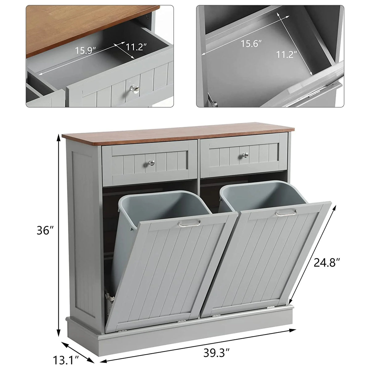KIGOTY Dual Kitchen Trash Cabinet, Double Tilt Out Trash Can Cabinet with Countertop and Drawer, Free-Standing Pet Proof Recycling Cabinet Garbage Can Holder, Wood (White)