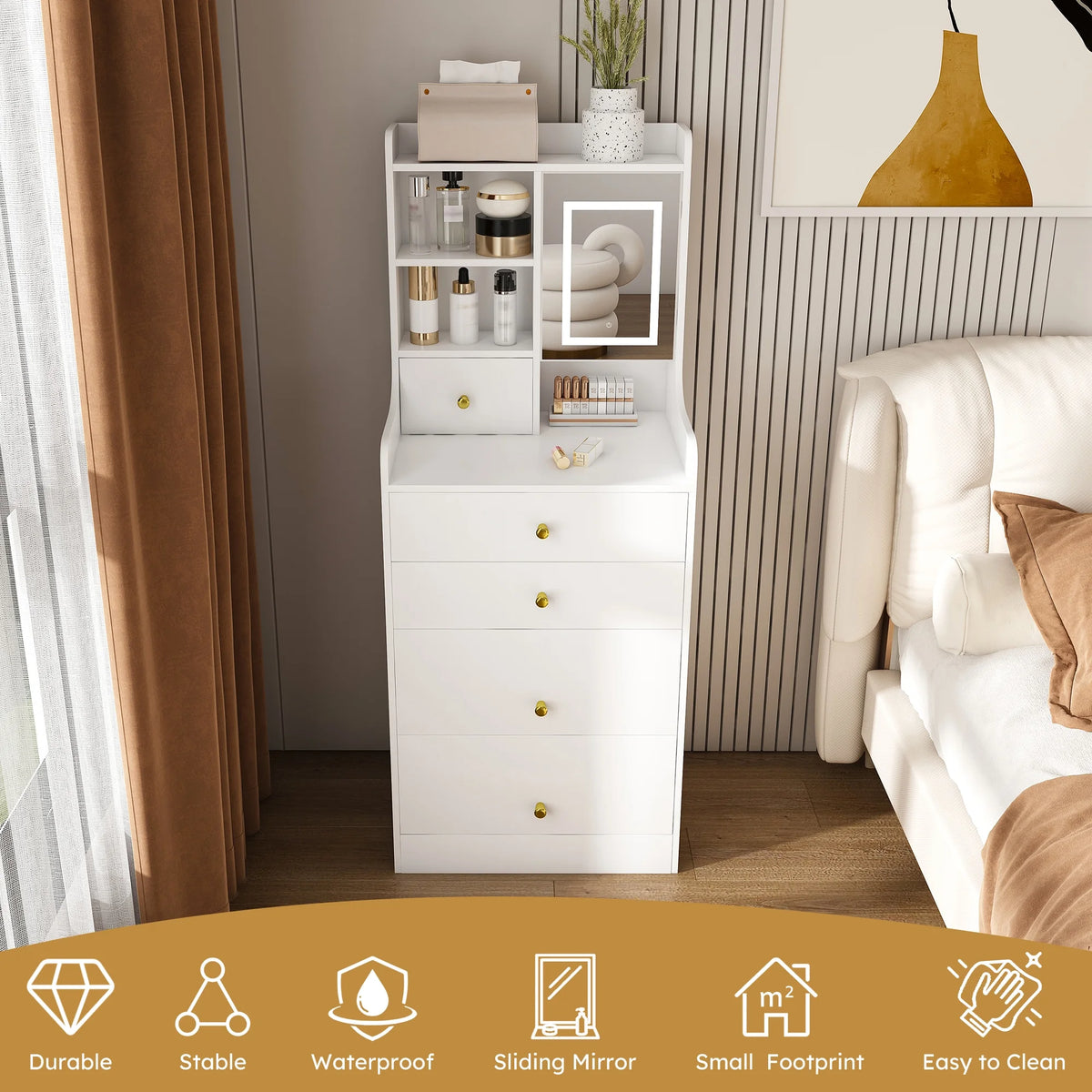 Montary Modern Mini Vanity w/Adjustable LED Mirror + Hidden Storage, Padded Stool & Dustproof Shelves (White)
