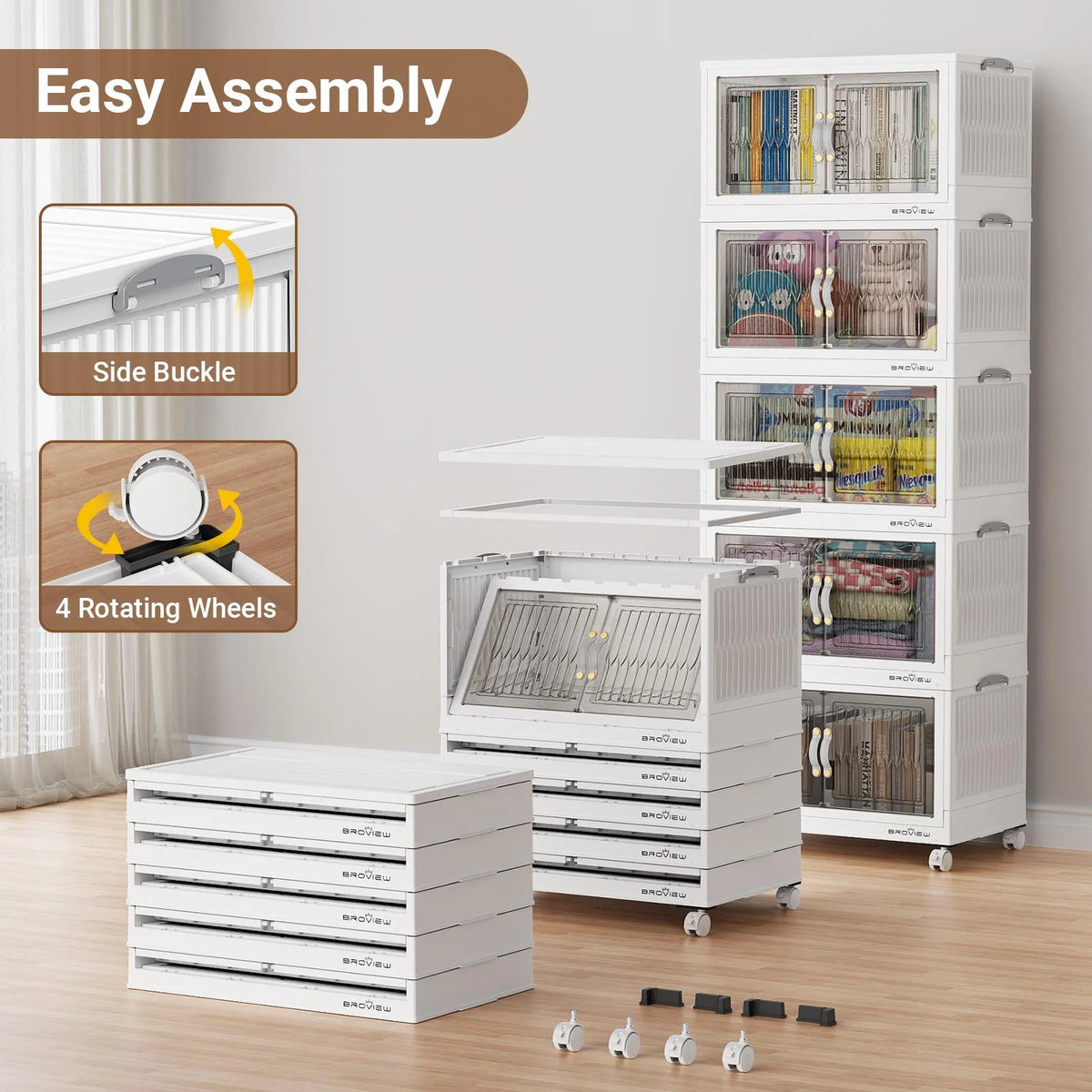 BROVIEW 100Gal Large Storage Bins with Lid, 400Qt Plastic Stackable Closet Organizer and Storage, Collapsible Storage Box with Wheels, Folding Storage Cabinet Containers for Home Office, 5Pack White