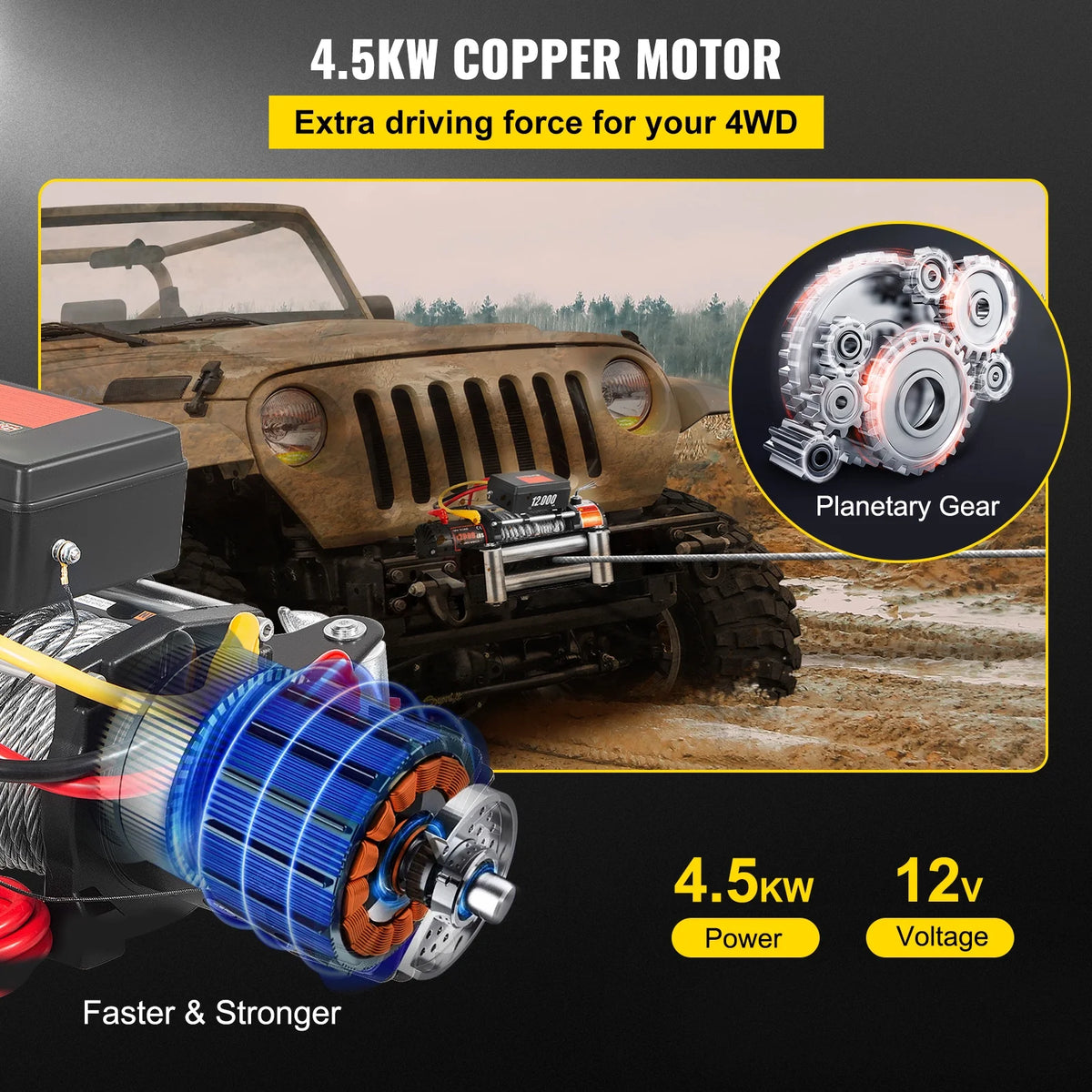 KFFKFF Truck Winch 12000Ibs Electric Winch 85ft/26m Steel Cable 12V Power Winch Jeep Winch with Wireless Remote Control and Powerful Motor for UTV ATV & Jeep Truck and Wrangler in Car Lift