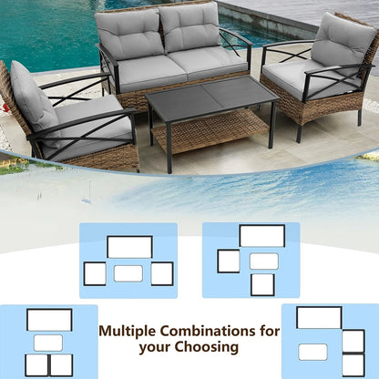 Patio Sofa Set, 4 Pieces Outdoor Sectional Furniture, All-Weather PE Rattan Wicker Patio Conversation Set, Cushioned Sofa Set with Coffee Table for Patio Garden Poolside Deck