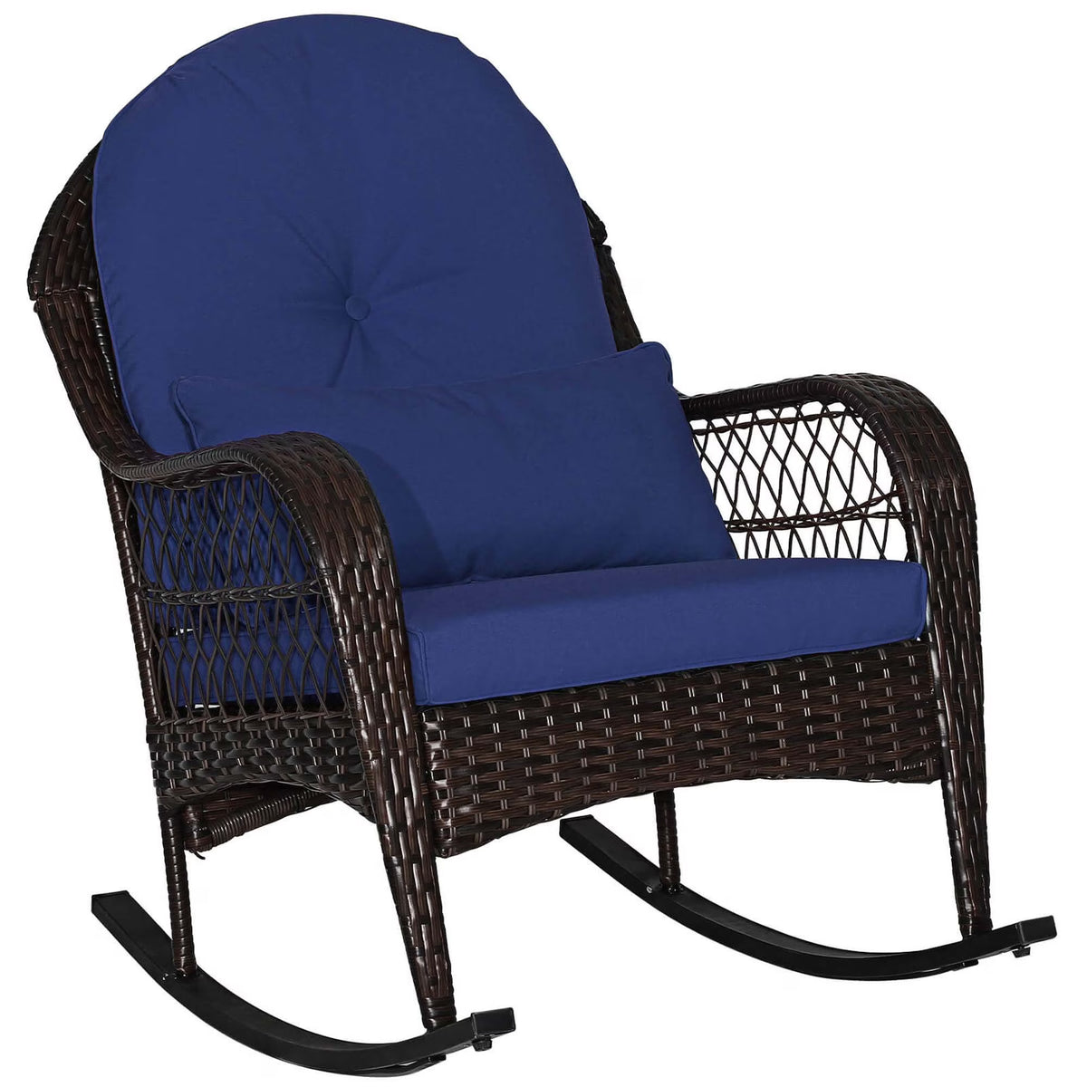 Costway Patio Wicker Rocking Chair W/Seat Back Cushions & Lumbar Pillow Porch Off White