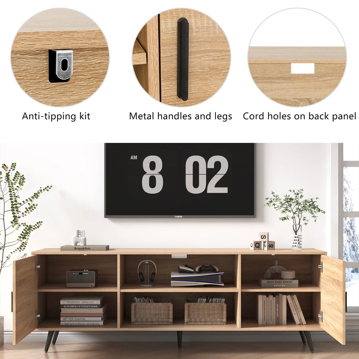 ChVans 70 Inch Mid Century Modern TV Stand for TVs up to 80 inches, Wood TV Stand with Storage, Entertainment Center for Living Room Bedroom, TV Media Console