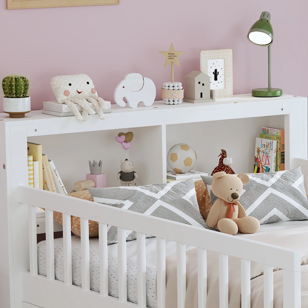 Euroco Wood Twin Size Platform Bed with Storage Headboard and Drawers, Low Profile Bed with Guardrails for Kids and Toddlers, White