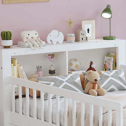 Euroco Wood Twin Size Platform Bed with Storage Headboard and Drawers, Low Profile Bed with Guardrails for Kids and Toddlers, White