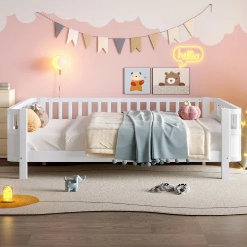 Bellemave Full Size Bed Frame, Full Montessori Bed with Safety Guardrails and Detachable Fence, Wood Full Daybed Frame, Low Profile & Rounded Corners Design, Natural