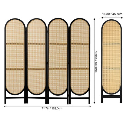 KFFKFF Quadruple Panel Space Separator, Artisan-Crafted Rattan Foldable Privacy Barriers with Connectors, Movable Space Partitions, Timber Independent Room Splitter for Sleeping Quarters, Cocoa