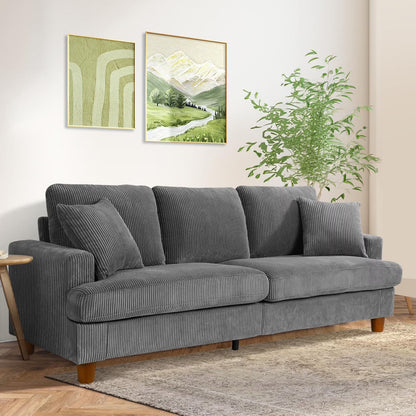 87" Corduroy Sofa,3 Seater Sofa with Extra Deep Seats,Neche Comfy Upholstered Couch for Living Room,2 Pillows,Green