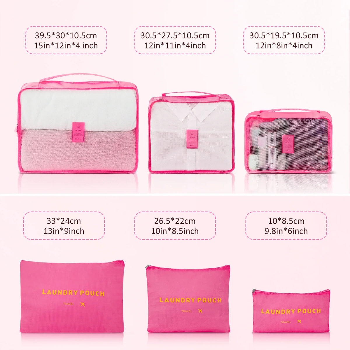 3 Piece Luggage Sets with 6 PC Organize Bags Lightweight Suitcases with Spinner Wheels, Pink