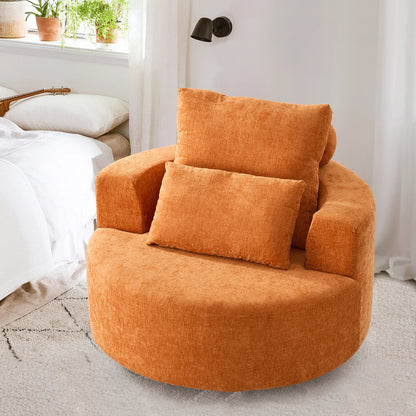 Fumahaus Upholstered Swivel Accent Chair, Oversized Comfy Round Sofa Chair with Two Pillows, Leisure Sofa Chair for Living Room Bedroom, Beige