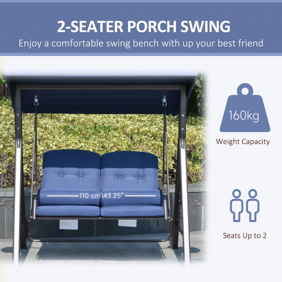 Outsunny 2-Person Patio Swing Bench with Adjustable Shade Canopy, Soft Cushions, Throw Pillows and Tray, Beige.