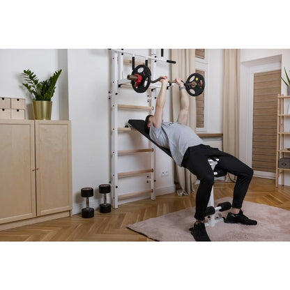 BenchK 733 White Wall bars with convertible steel 6-grip pull-up bar that can also be used as a barbell holder, dip bar with back support and advanced workout bench