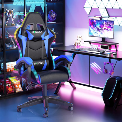 Bigzzia Gaming Chair with LED Lights Ergonomic Office Chair for Adults and Kids - Adjustable Height, 360�� Swivel, Headrest Support, Mesh PU Leather, Black & Green