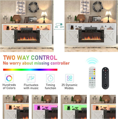 ChVans 70" Fireplace TV Stand for TVs up to 80" with 36" Electric Fireplace, Farmhouse Entertainment Center with LED, Wooden Media Console for Living Room, Bedroom