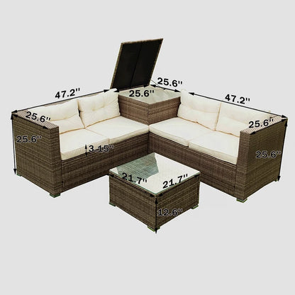 SEGMART 4 Piece Patio Furniture Set, All-Weather Outdoor Sectional Sofa Set, PE Rattan Conversation Set with Storage Box, Table & Cushions, Wicker Furniture Couch Set for Patio Deck Garden
