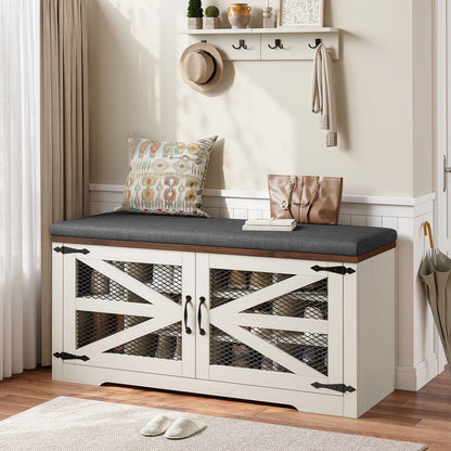 Farmhouse Storage Bench with Cushion, 31.4in Shoe Cabinet with Metal Barn Door and Half Hidden Storage Space for Entryway, Bedroom, Living Room, Old White