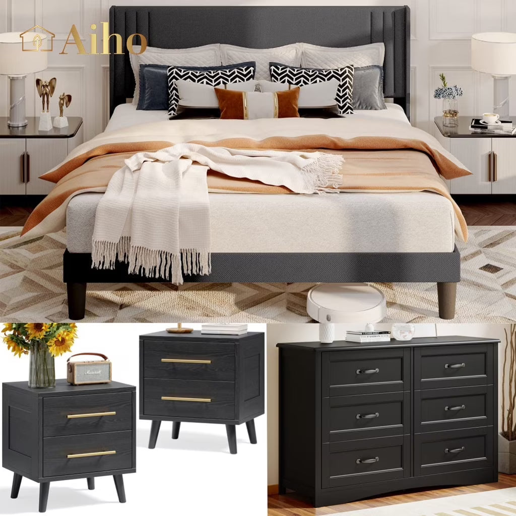 Aiho 4 Pieces Bedroom Furniture Set, Includes Queen Bed Frame, Nightstands Set of 2, Double Wide 6-Drawer Dresser - White