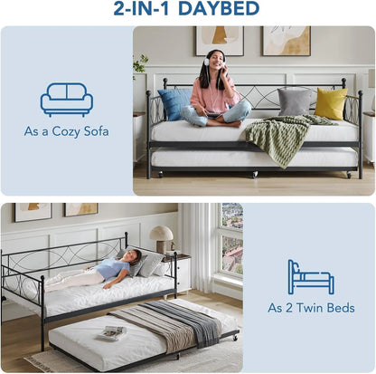 Senfot Twin Daybed with Trundle, Pull Out Trundle Day Bed, Twin Mattress Foundation with Metal Slats, Modern Sofa Bed for Living Room, Bedroom, and Guest Room, Black