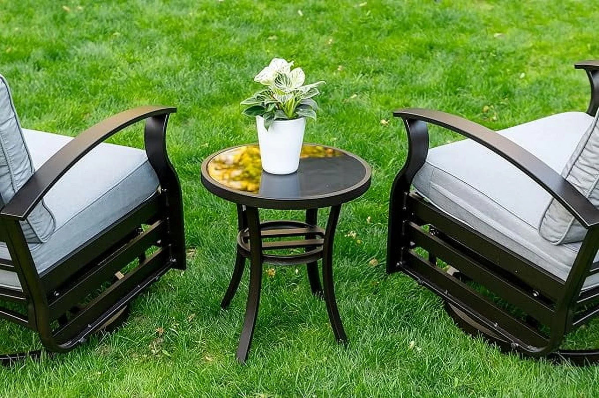 ALAULM 3 Piece Patio Outdoor Aluminum Metal Swivel Rocking Chair with 1 Coffee Table and 2 Khaki Padded Cushions Outdoor Metal Swivel Rocking Chair Furniture Conversation Set for Porch Garden
