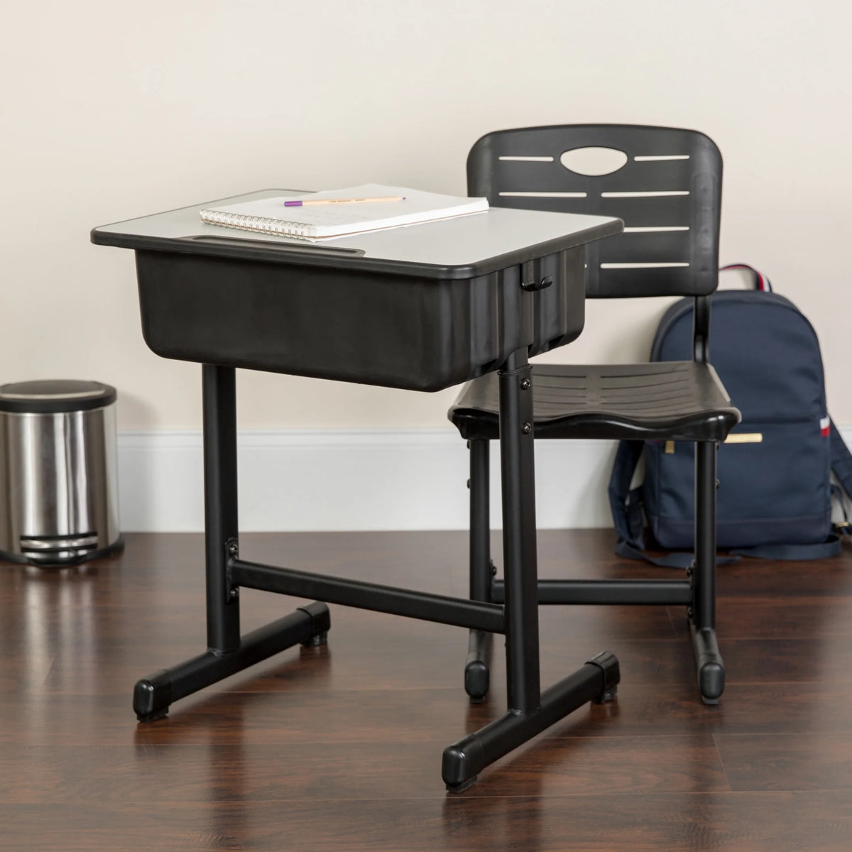 Flash Furniture Adjustable Height Classroom Student Desk with Chair and Book Box, Gray/Black