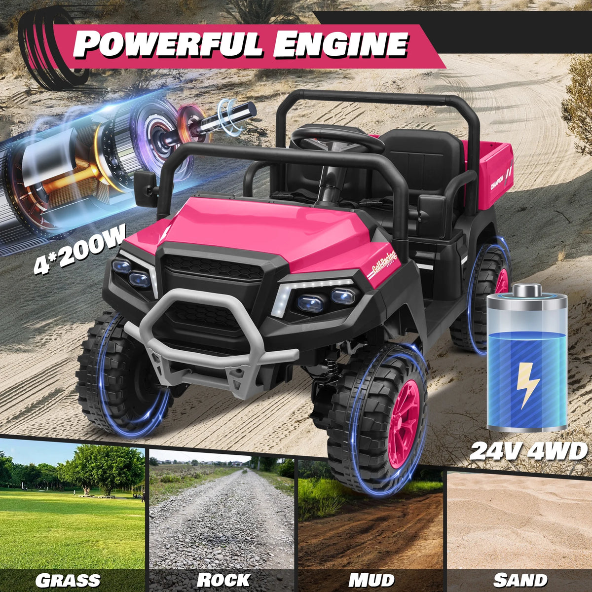 Joyracer 4WD 24 Volt Ride on Toys UTV with 2 Seater & Remote Control, Kids Electric Golf Cart w/ 4x200W Power Motors, Tiltable Trailer & Shovel, 4 Wheels Spring Suspension, Bluetooth USB Music, Black