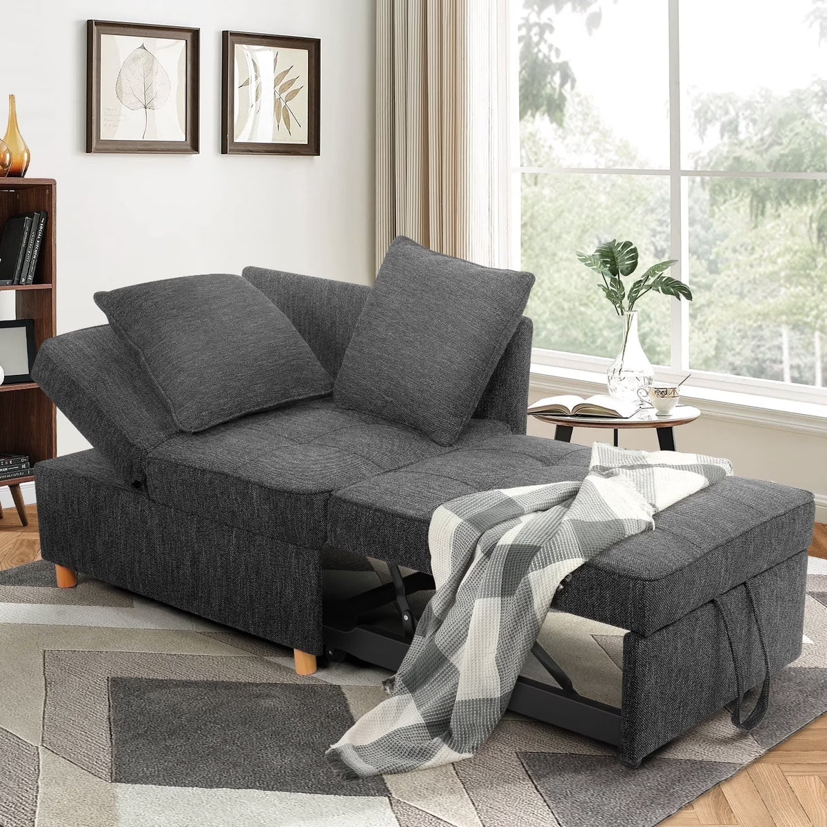 SEJOV 4-in-1 Convertible Sleeper Chair Bed, Linen Sofa Bed for Small Space, Futon Sofa with 2 Throw Pillows for Living Room, Single Recliner with 5 Adjustable Backrest for Bedroom Apartment, Brown