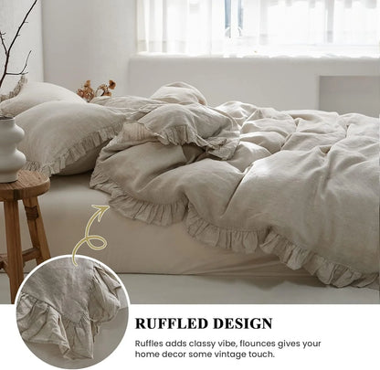 Simple&Opulence 100% Washed Linen Duvet Cover Set-3 Pieces Shabby Chic Premium Ruffled Bedding with 1 Comforter Cover and 2 Pillowshams France Flax High End Frill Sets Vintage Style(King, White)