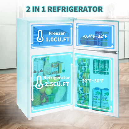 2 Door Mini Fridge with Freezer,3.5Cu.ft Small Freezer,7 Adjustable Thermostat,Blue,New