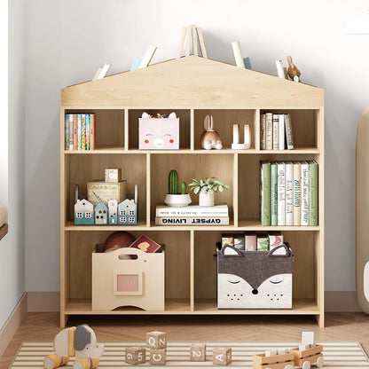 DSstyles Kids Bookshelf 9-Cubby Toy Storage Organizer White Bookcase Toddlers Playhouse Cabinet Shelf for Boys Girls Wooden Storage Toy Shelf for Playroom, Nursery, Kids Room