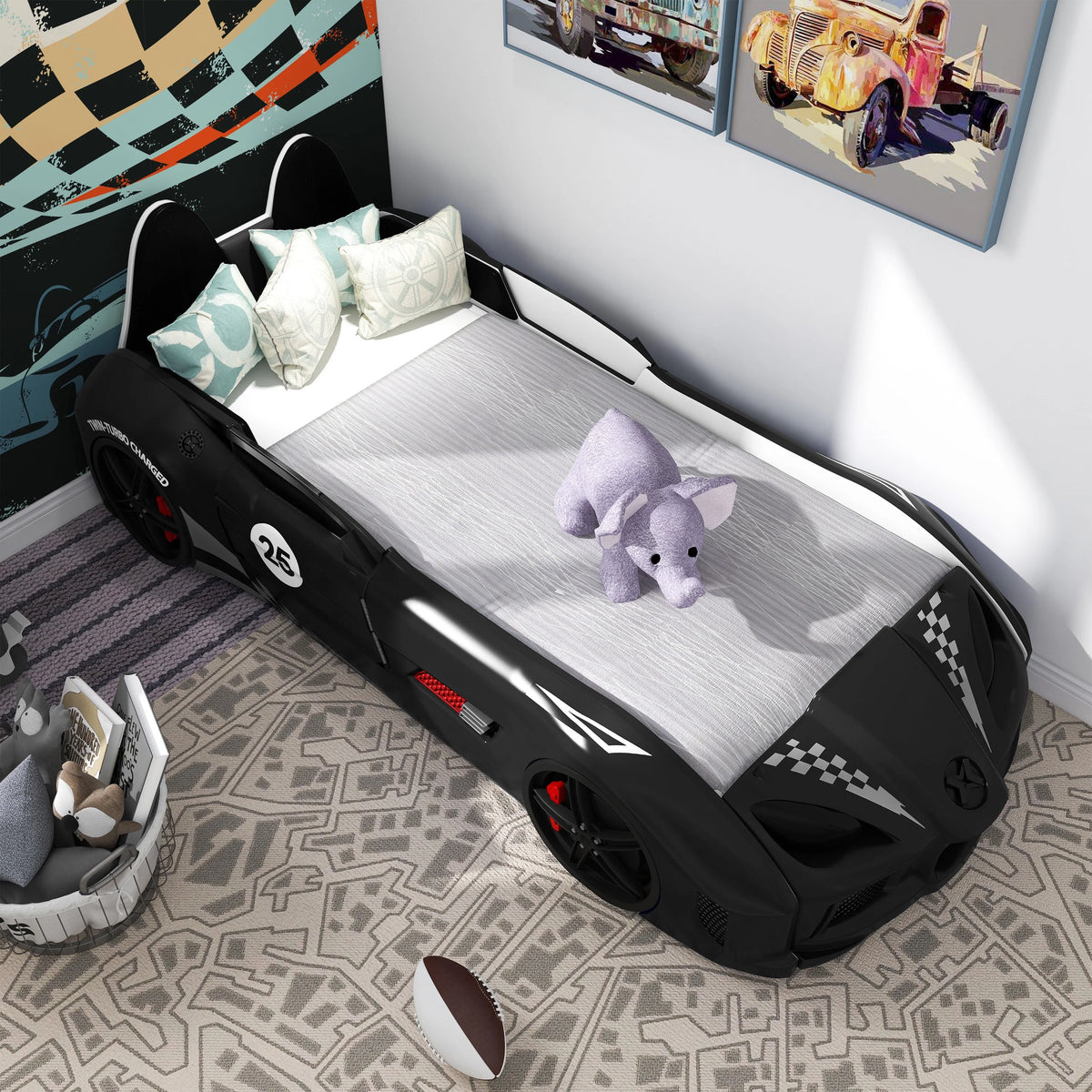 Furniture of America Dash Kids Plastic Twin Race Car Bed with LED and Sound, White
