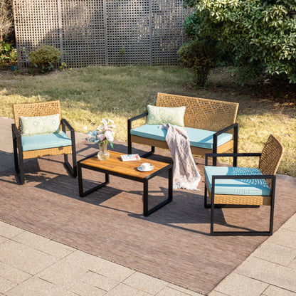 MF Studio 4-Piece All-Weather Rattan Patio Furniture Set, Outdoor Conversation Set with Wood Table, Brown and Beige