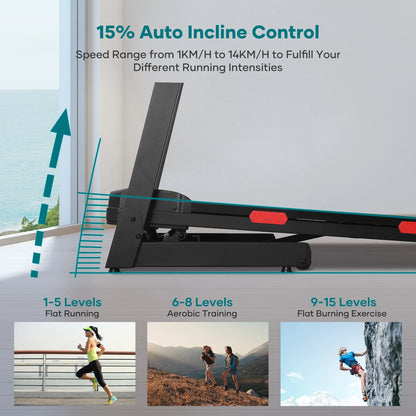Treadmill with Auto Incline Bluetooth Voice Control  17 in Wide Electric Treadmill Folding Machine 15 Level  Auto 8.8 mhp Speed for Home Use Gifts