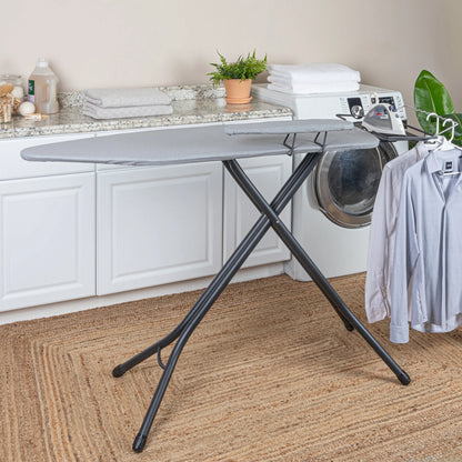 Household Essentials Wide Mega Ironing Board 4-Leg, Steel Top Pressing Station, Heat-Resistant Fiber Pad and Cotton Cover, Includes Sleeve Board and Iron Rest with Hanger Bar, Silver Frame