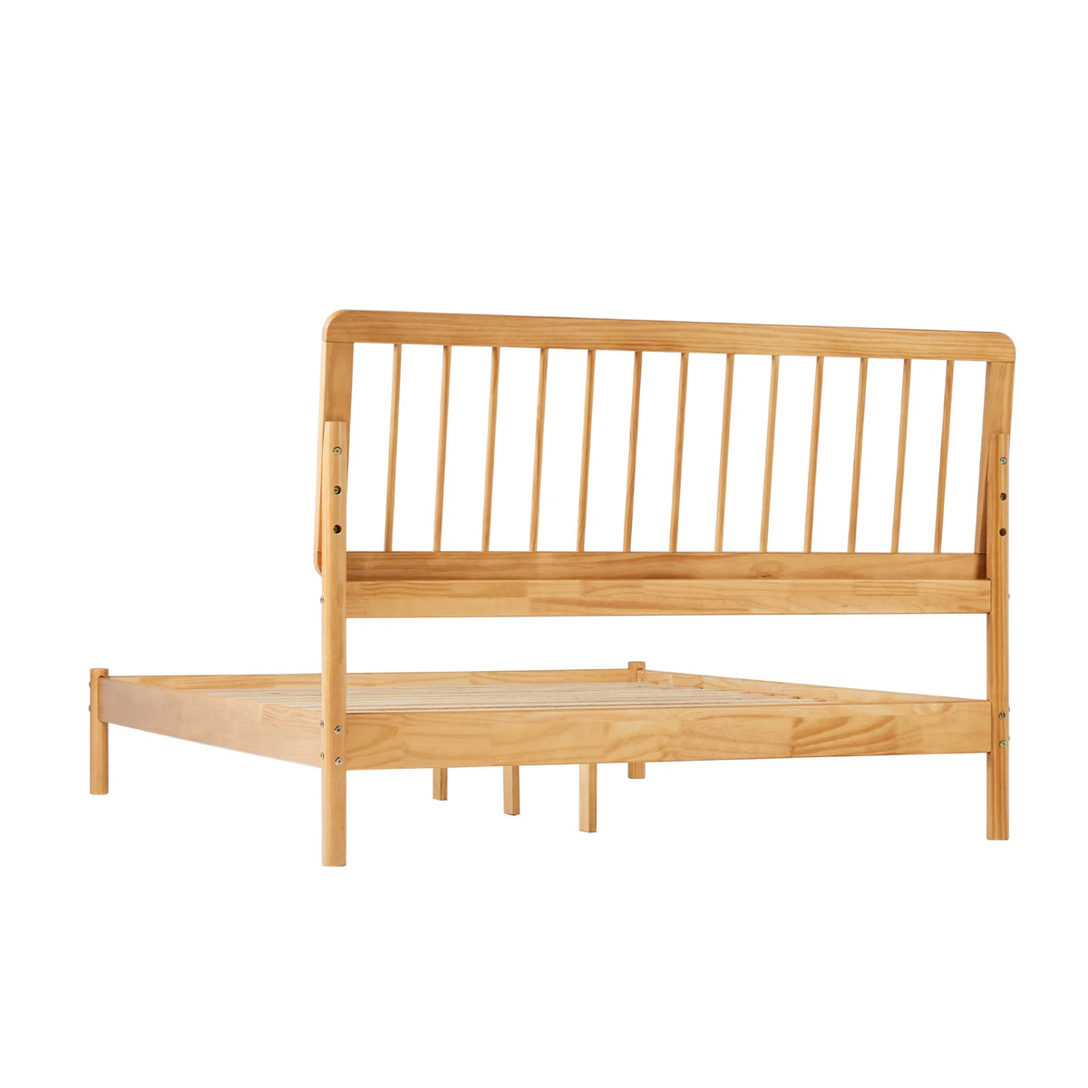Walker Edison Mid-Century Modern Slatted Solid Wood Queen Bedframe, Natural Pine