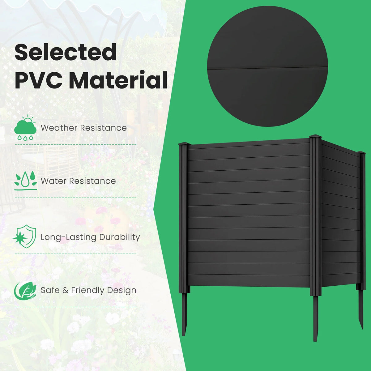 Gymax Outdoor PVC Privacy Panels 2-Pack Picket Fence W/ 3 Cuspidal Foot Stakes Black