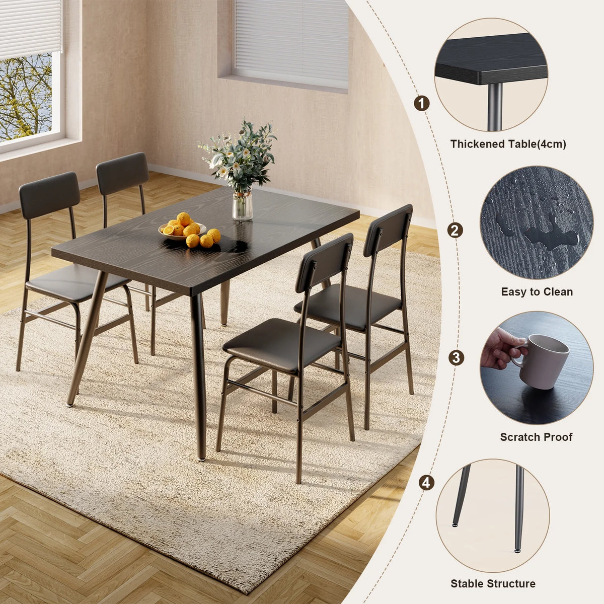 Dining Table Set for 4, Lofka 5 Piecs Kitchen Table and Chairs Set for Dining Room & Kitchen, Black