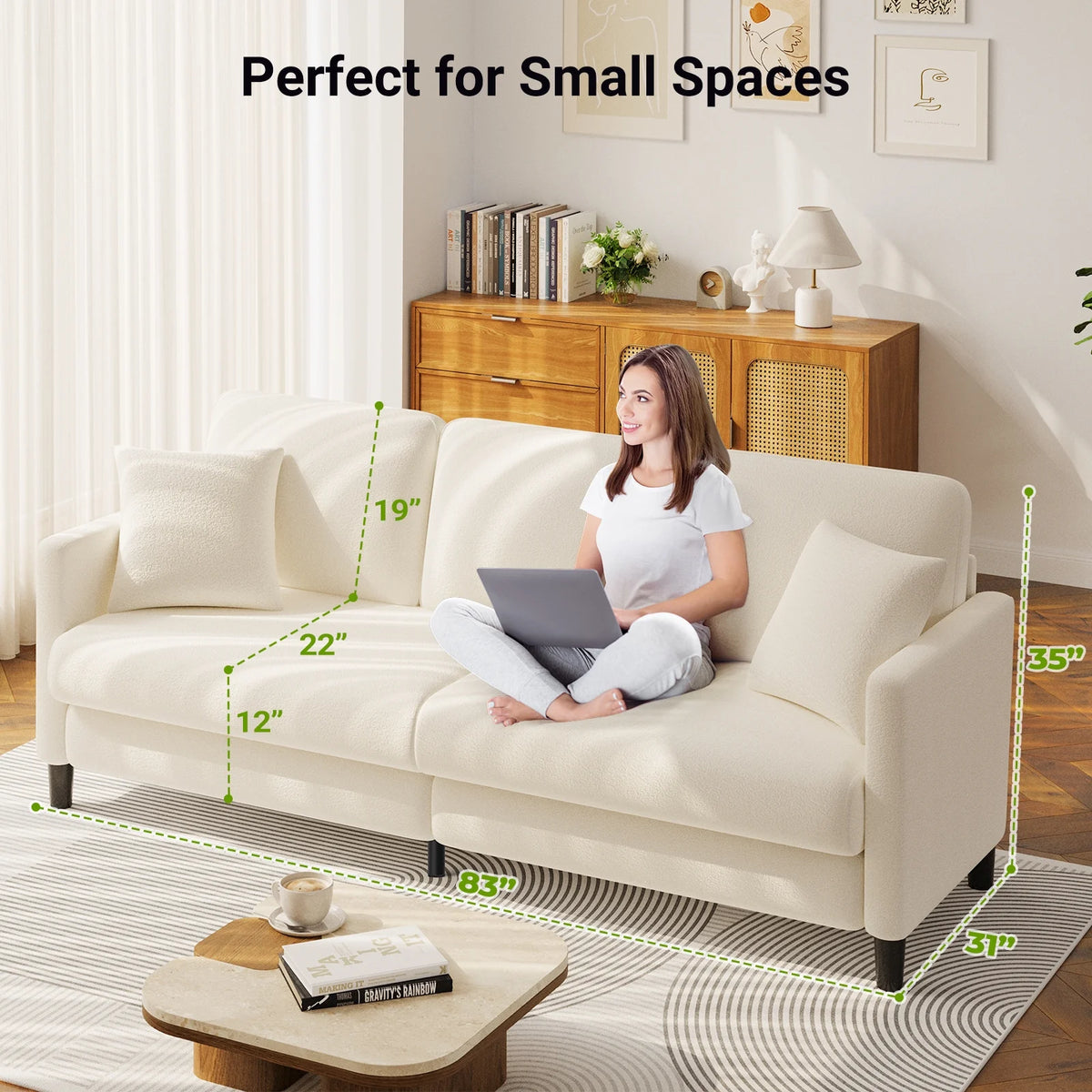 83" Comfortable Upholstered Sofa, 3 Seater Couch for Living Room, Neche Big Loveseat with Extra Deep Seats , 2 Pillows, Beige White