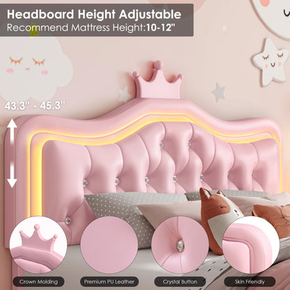 Homfa Full Size Bed, LED Upholstered Bed with Adjustable Crystal Button Tufted Crown Headboard, Soft PU Princess Platform Bed with Storage Drawers, Pink