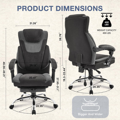JONPONY Big and Tall Office Chair 400lbs, Executive Reclining Office Chairs with Footrest, High Back Home Office Chair Thick Padded Armrests, Ergonomic Adjustable Lumbar Support, PinkWhite