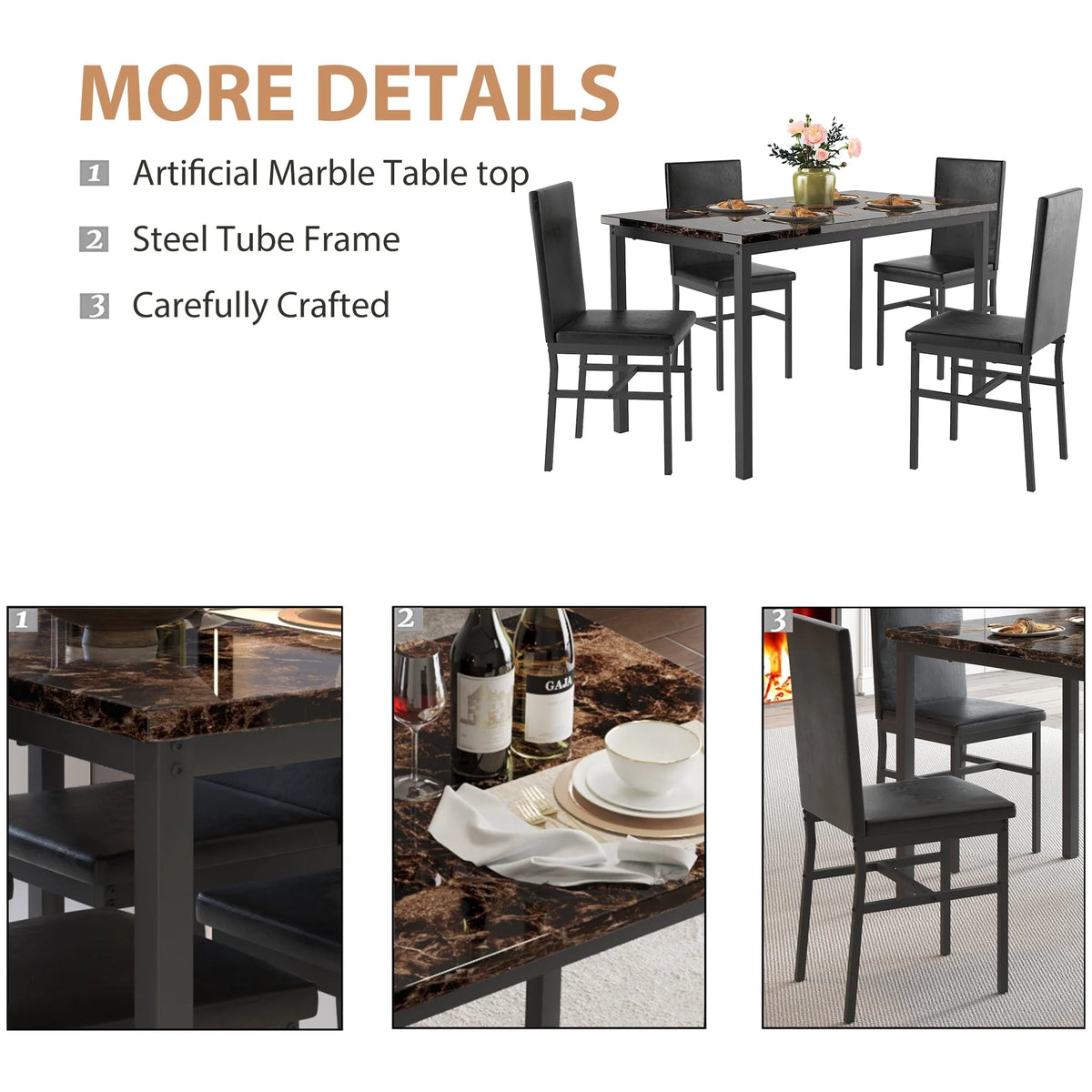 uhomepro 5-Piece Dining Room Table Set for 4 Person, Elegant Dining Table Set, Home Kitchen Table with 4 PU Leather Chairs and Metal Dining Room Modern Furniture