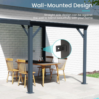 Domi 8x8FT Lean to Gazebo, Outdoor Hardtop Wall Mounted Gazebo with Sloping Galvanized Steel Roof, Upgraded Heavy Duty Mounted Shelter with Drainage System for Deck, Porch, Backyard